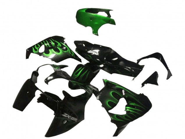 2000-2001 Kawasaki ZX9R Motorcycle Fairings - Glossy Black Green Flame