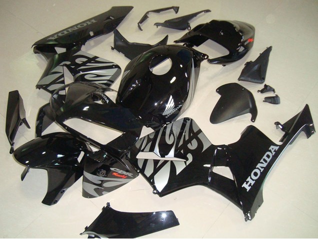 2005-2006 Honda CBR600RR Motorcycle Fairings - Glossy Black Silver with Flame