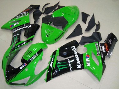2005-2006 Kawasaki ZX6R Motorcycle Fairings - Green Glossy Black Elf Monster