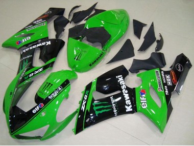 2005-2006 Kawasaki ZX6R Motorcycle Fairings - Green Glossy Black Elf Monster