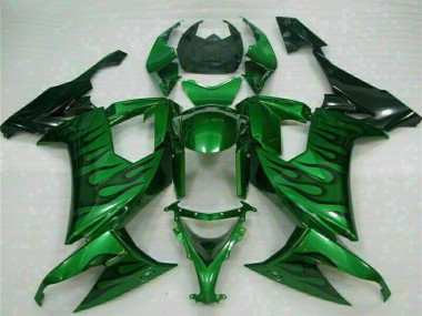 2008-2010 Kawasaki ZX10R Motorcycle Fairings - Glossy Black Green Flame