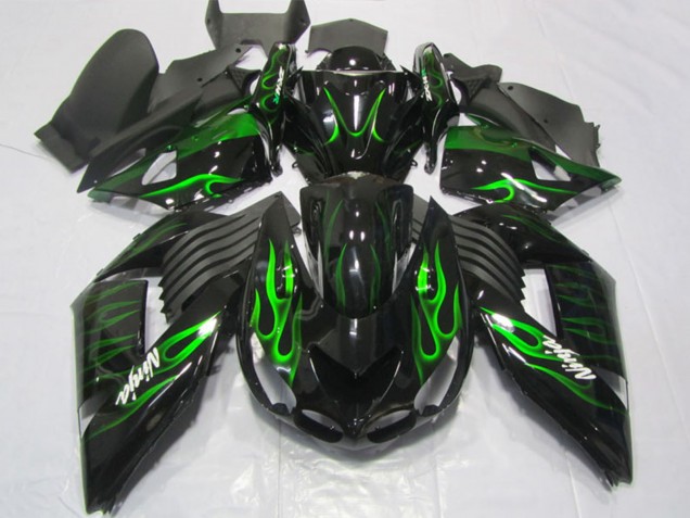 2006-2011 Kawasaki ZX14R ZZR1400 Motorcycle Fairings - Glossy Black Green Flame