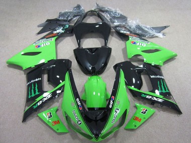 2005-2006 Kawasaki ZX6R Motorcycle Fairings - Glossy Black Green Elf Touch4 Bridgestone Monster