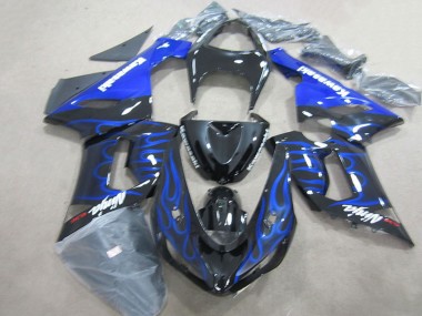 2005-2006 Kawasaki ZX6R Motorcycle Fairings - Glossy Black Blue Flame