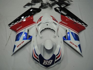 2007-2014 Ducati 848 Motorcycle Fairings - White Red Blue Glossy Black Corse 69