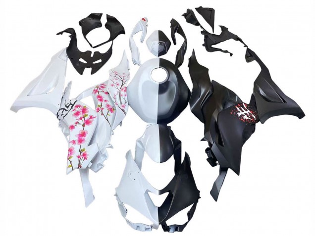 2023-2025 Kawasaki ZX6R Motorcycle Fairings - Black White with Flower
