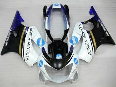 1999-2000 Honda CBR600 F4 Motorcycle Fairings - White Blue Glossy Black Konica Minolta