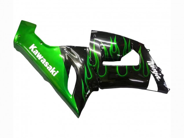 2005-2006 Kawasaki ZX6R Motorcycle Fairing - Glossy Black Green Flame