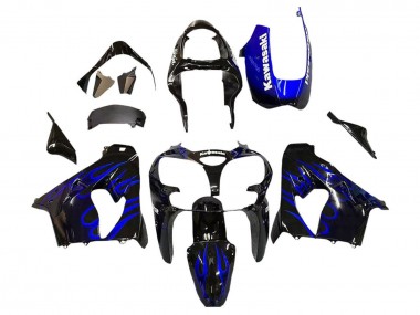 2000-2001 Kawasaki ZX9R Motorcycle Fairings - Glossy Black Blue Flame White
