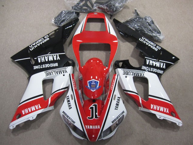 1998-1999 Yamaha YZF R1 Motorcycle Fairings - White Red Glossy Black Yamalube 50