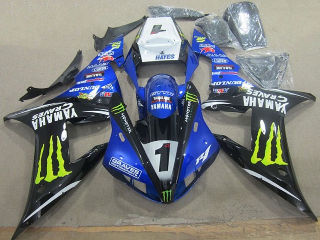 2002-2003 Yamaha YZF R1 Motorcycle Fairings - White Blue Black Neon Yellow Monster Graves 1