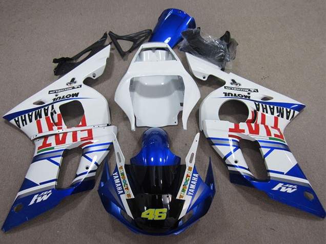 1998-2002 Yamaha YZF R6 Motorcycle Fairings - White Blue Red Fiat Michelin Motul 46