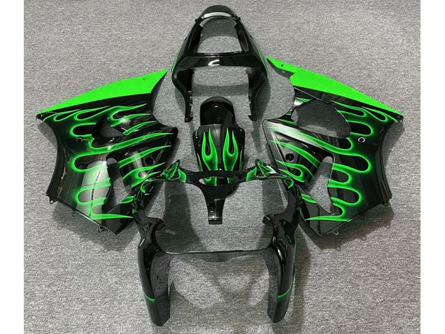 2000-2002 Gloss Black & Green Flame ZX6R Motorcycle Fairings