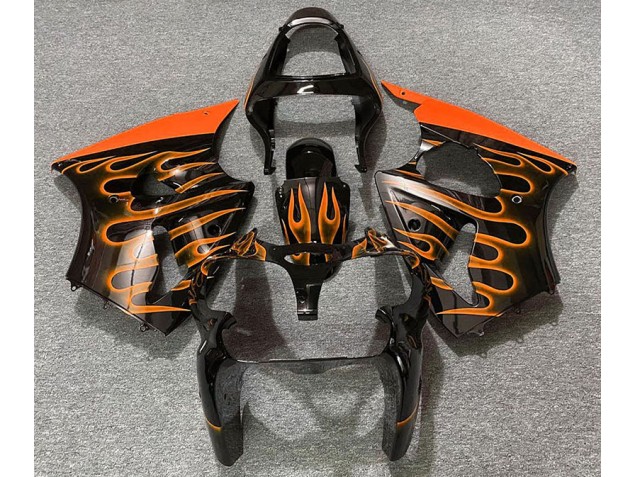 2000-2002 Gloss Black & Orange Flame ZX6R Motorcycle Fairings