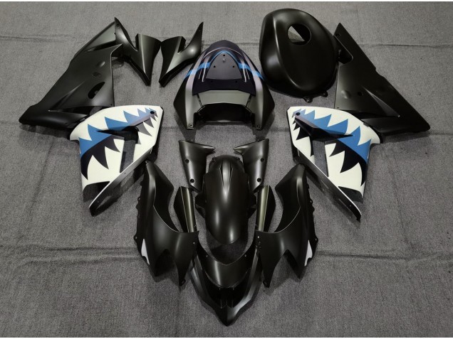 2004-2005 Matte Black and Light Blue Shark ZX10R Motorcycle Fairings