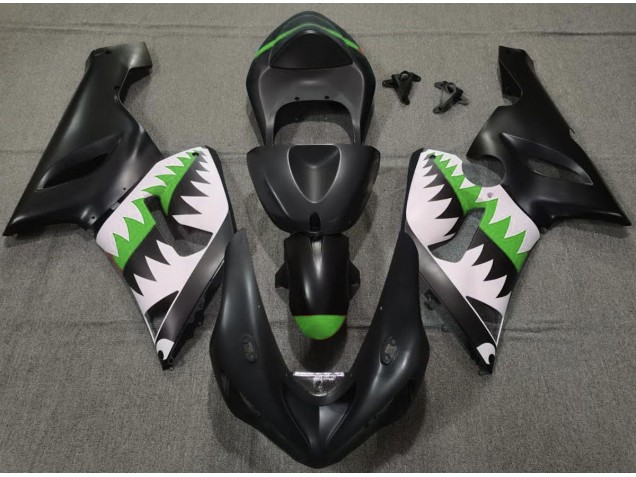 2005-2006 Matte Black and Green Shark ZX6R Motorcycle Fairings