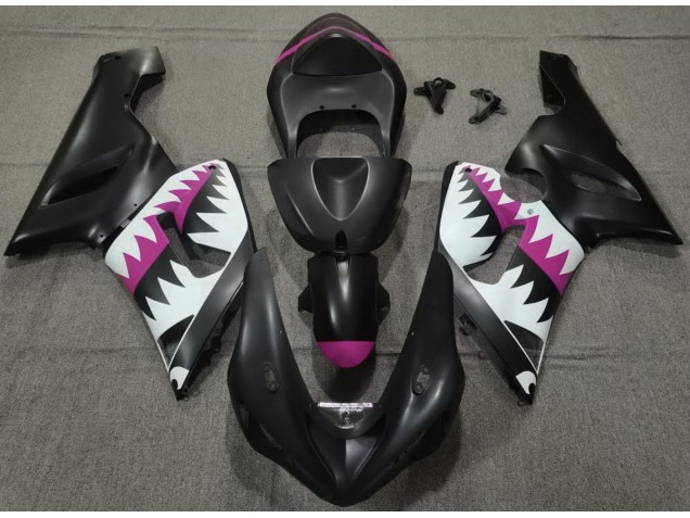 2005-2006 Matte Black and Pink Shark ZX6R Motorcycle Fairings
