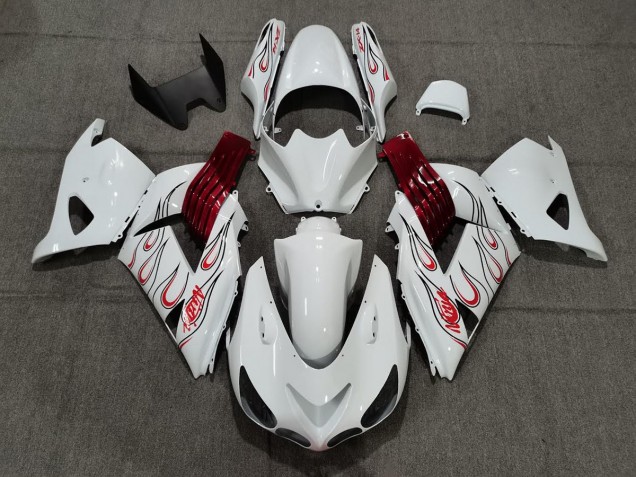 2006-2011 White Red Flame ZX14R Motorcycle Fairings