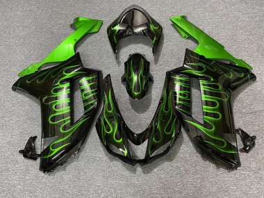2007-2008 Gloss Black & Green Flame ZX6R Motorcycle Fairings