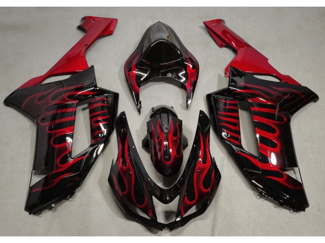 2007-2008 Gloss Black & Red Flame ZX6R Motorcycle Fairings