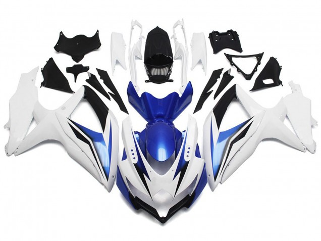 2008-2010 Gloss White With Silver and Blue GSXR 600-750 Motorcycle Fairings