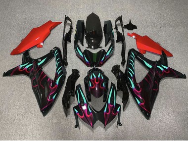 2008-2010 Red and Cyan Flame GSXR 600-750 Motorcycle Fairings