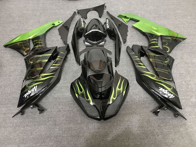 2009-2012 Gloss Black & Green Flame ZX6R Motorcycle Fairings